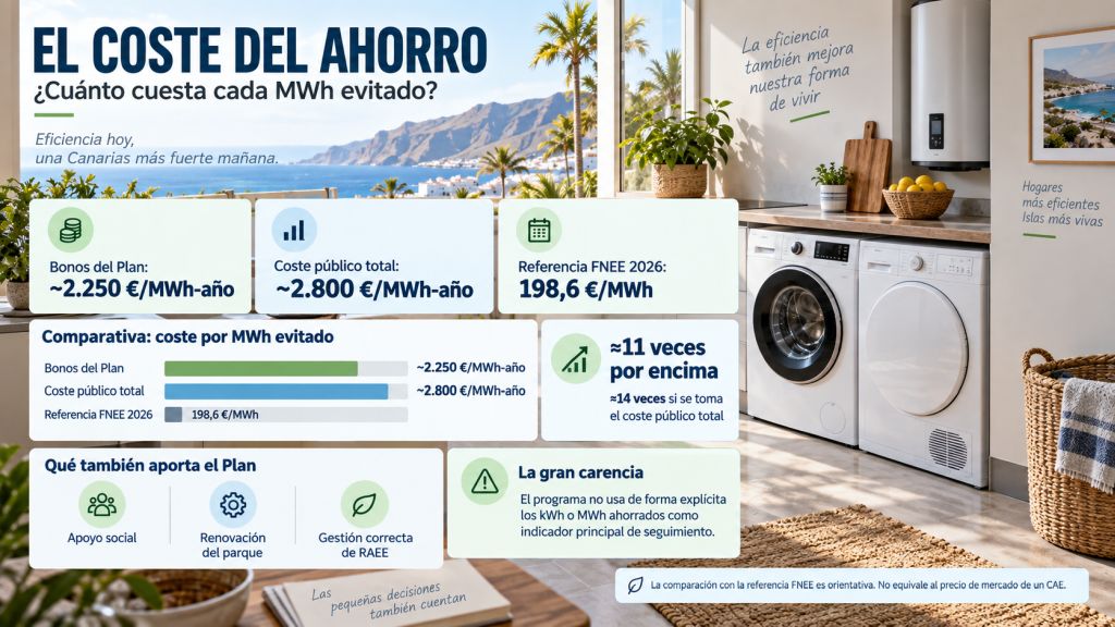 Infografía sobre el coste del ahorro energético del Plan Renove Canarias y su comparación con la referencia FNEE 2026.