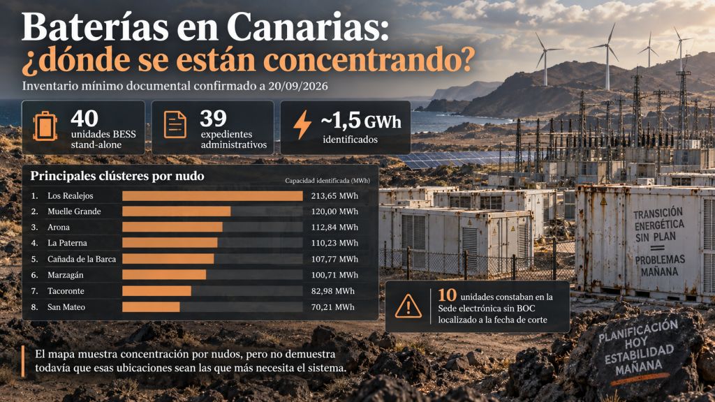 Concentración de baterías BESS en distintos nudos eléctricos de Canarias, con capacidad acumulada y número de expedientes identificados.
