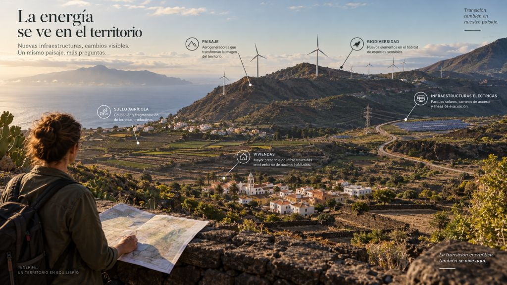 Paisaje de Tenerife con aerogeneradores, placas solares, viviendas, suelo agrícola e infraestructuras eléctricas mostrando los impactos visibles de la transición energética.