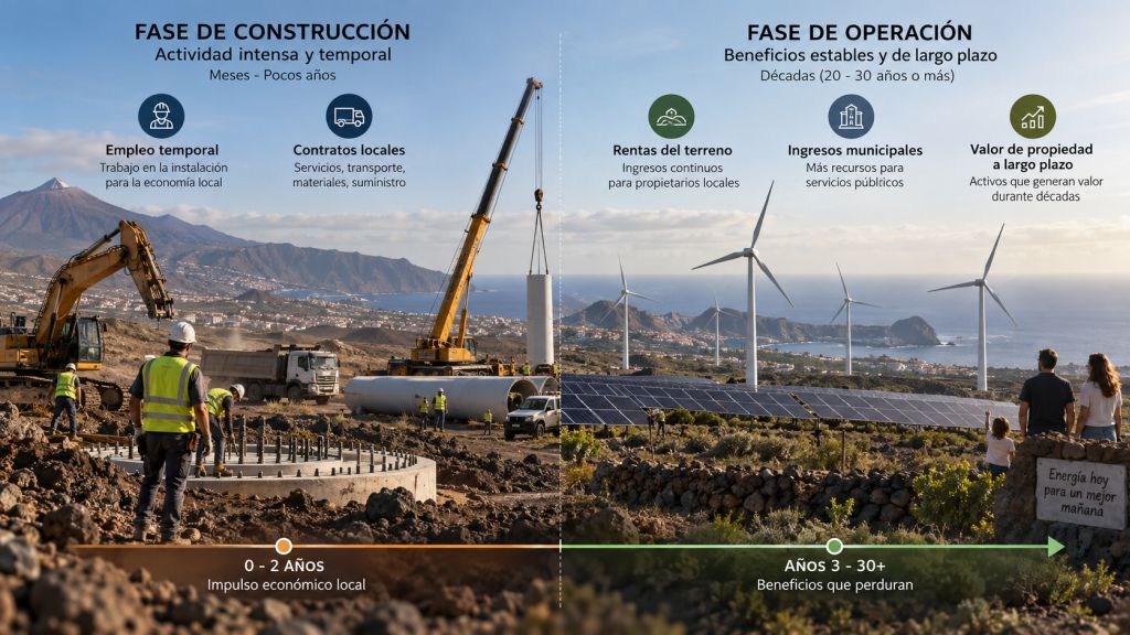 Comparación entre la fase de construcción de un proyecto renovable y su operación a largo plazo, con empleo, contratos, rentas, ingresos municipales y valor del activo.