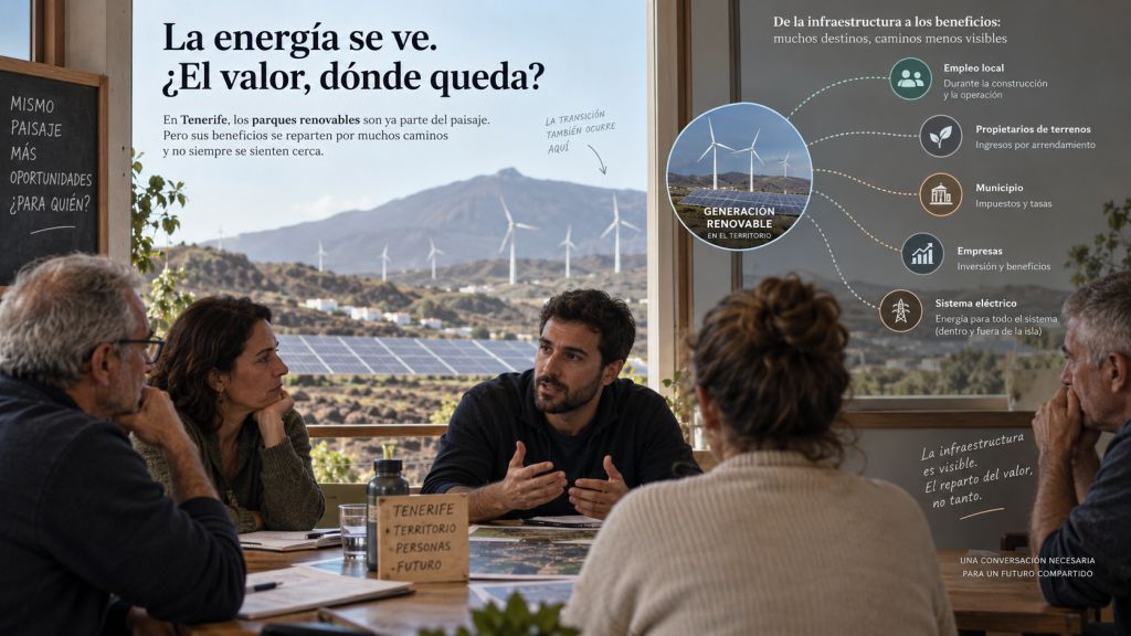 Reunión ciudadana en Tenerife sobre el reparto de los beneficios de la generación renovable entre empleo local, propietarios, municipios, empresas y sistema eléctrico.