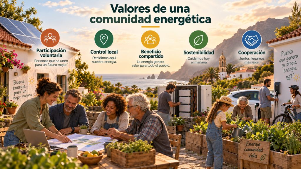 Valores de una comunidad energética representados mediante participación voluntaria, control local, beneficio compartido, sostenibilidad y cooperación ciudadana.
