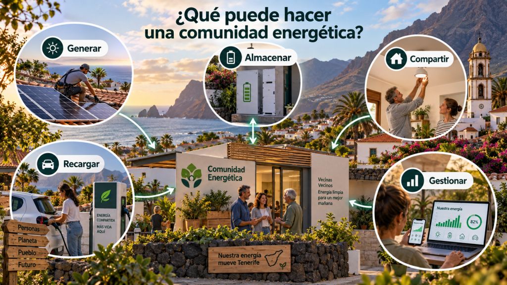 Funciones de una comunidad energética con generación solar, almacenamiento, consumo compartido, recarga de vehículos eléctricos y gestión energética.