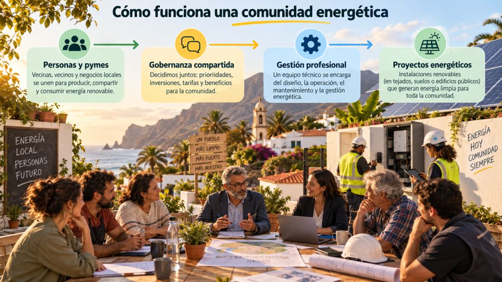 Esquema visual de una comunidad energética con personas y pequeñas empresas, gobernanza compartida, gestión profesional y proyectos renovables.