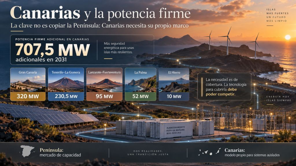 Infografía sobre la potencia firme adicional prevista en Canarias para 2031 y su reparto entre los cinco sistemas eléctricos insulares.