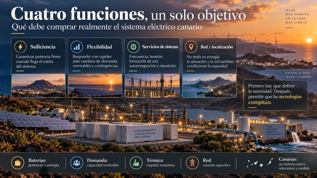 Infografía que explica las cuatro funciones del futuro sistema eléctrico canario: suficiencia, flexibilidad, servicios de sistema y red.