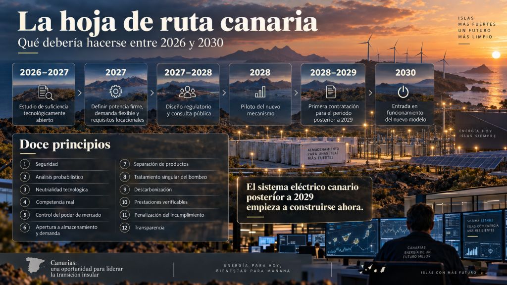 Infografía con la hoja de ruta 2026-2030 para desarrollar un nuevo marco canario de suficiencia, flexibilidad y servicios de sistema.