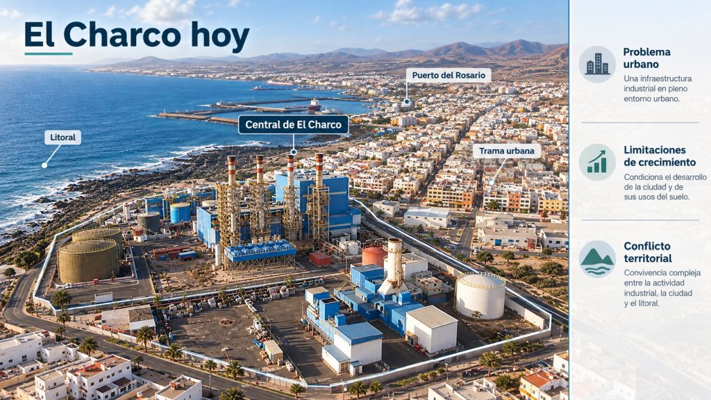 Infografía sobre la central de El Charco en Puerto del Rosario y su conflicto con el crecimiento urbano y el litoral