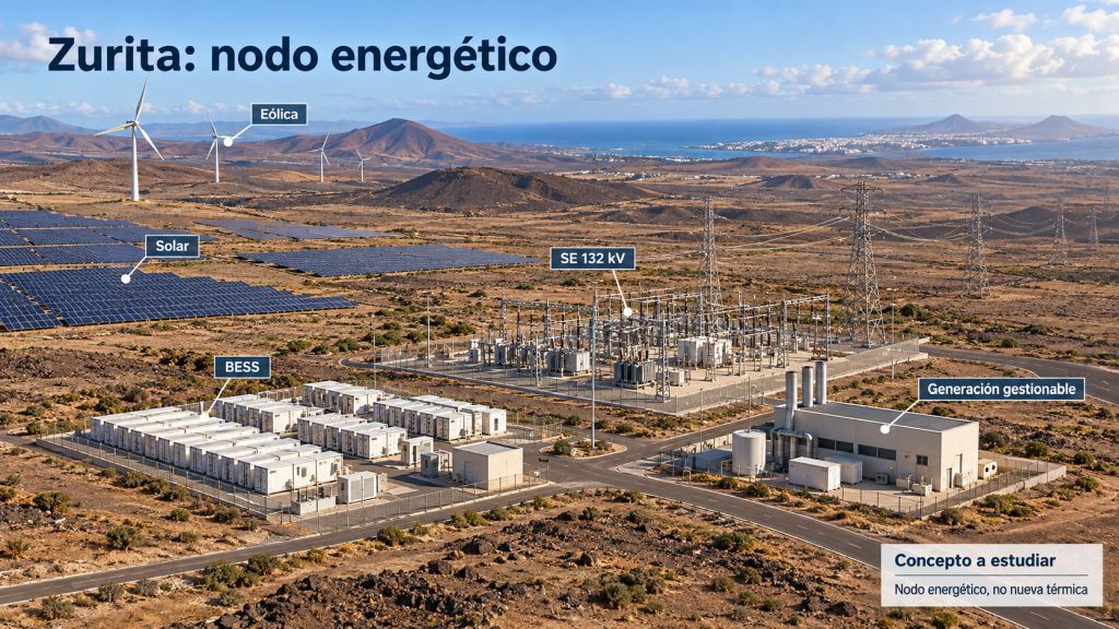 Infografía conceptual de Zurita como futuro nodo energético con subestación de 132 kV, baterías, energía solar, eólica y generación gestionable