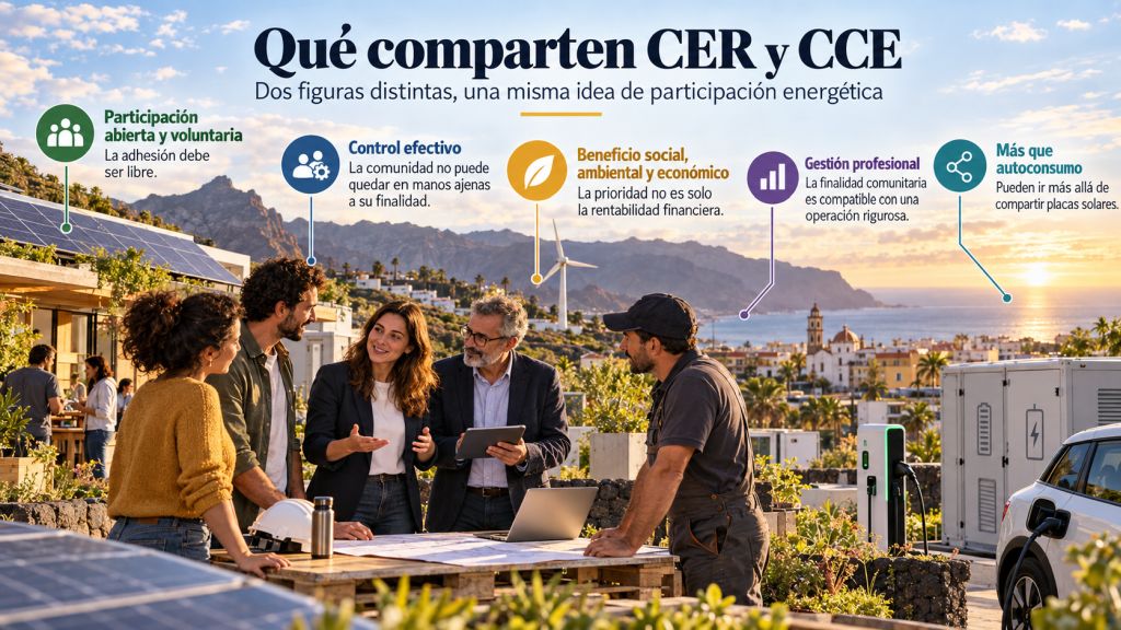 Infografía sobre los elementos comunes de las CER y CCE, con participación abierta, control efectivo, beneficios sociales y ambientales, gestión profesional y actividades energéticas diversas.