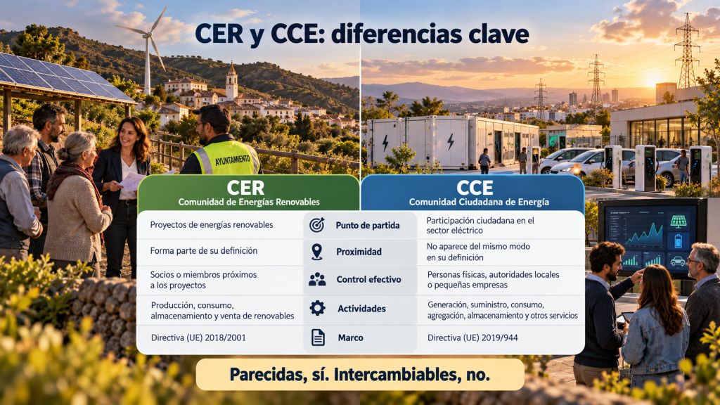 Comparativa visual entre una Comunidad de Energías Renovables y una Comunidad Ciudadana de Energía, destacando diferencias en proximidad, control, actividades y marco jurídico.