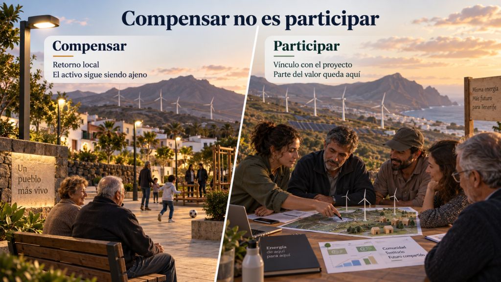 Comparación entre compensar y participar en un proyecto renovable, mostrando la diferencia entre recibir retornos locales y formar parte del valor generado.