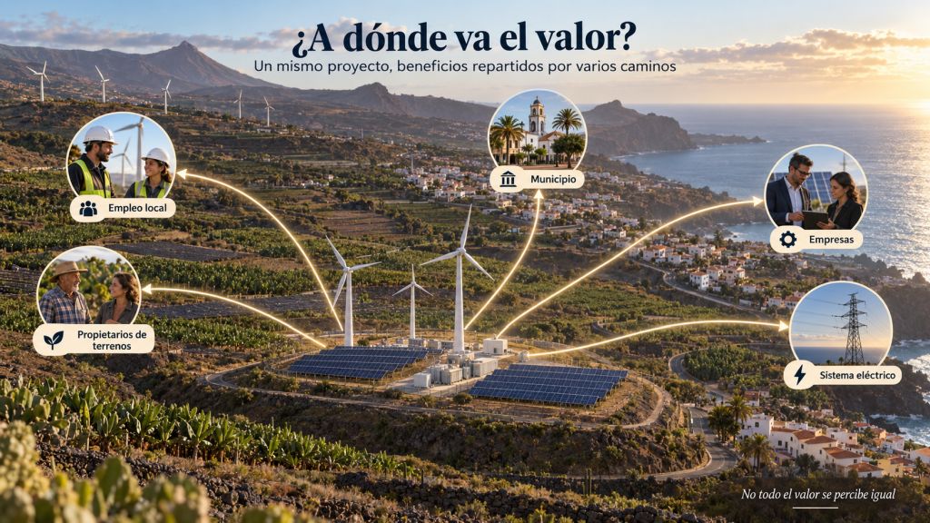 Proyecto renovable en Tenerife con distintos destinos del valor económico, como empleo local, propietarios de terrenos, municipio, empresas y sistema eléctrico.
