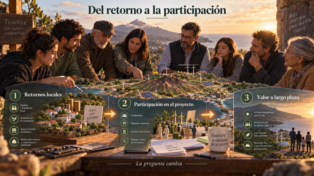 Ciudadanía reunida en torno a una maqueta energética de Tenerife para mostrar el paso desde los retornos locales hacia la participación en los proyectos y el valor a largo plazo.