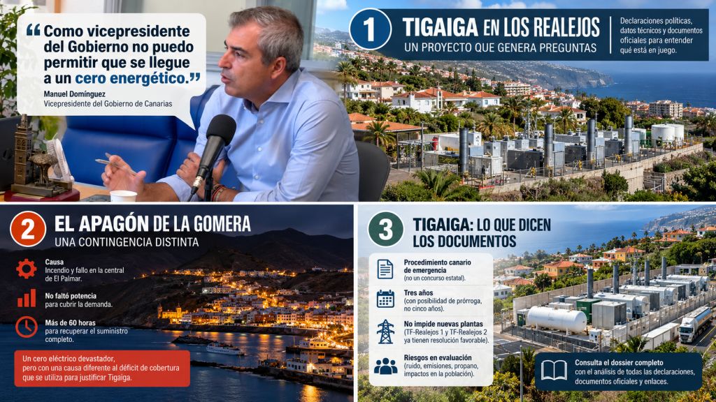 Infografía que compara las declaraciones sobre Tigaiga en Los Realejos con el apagón de La Gomera, la normativa y la documentación administrativa.