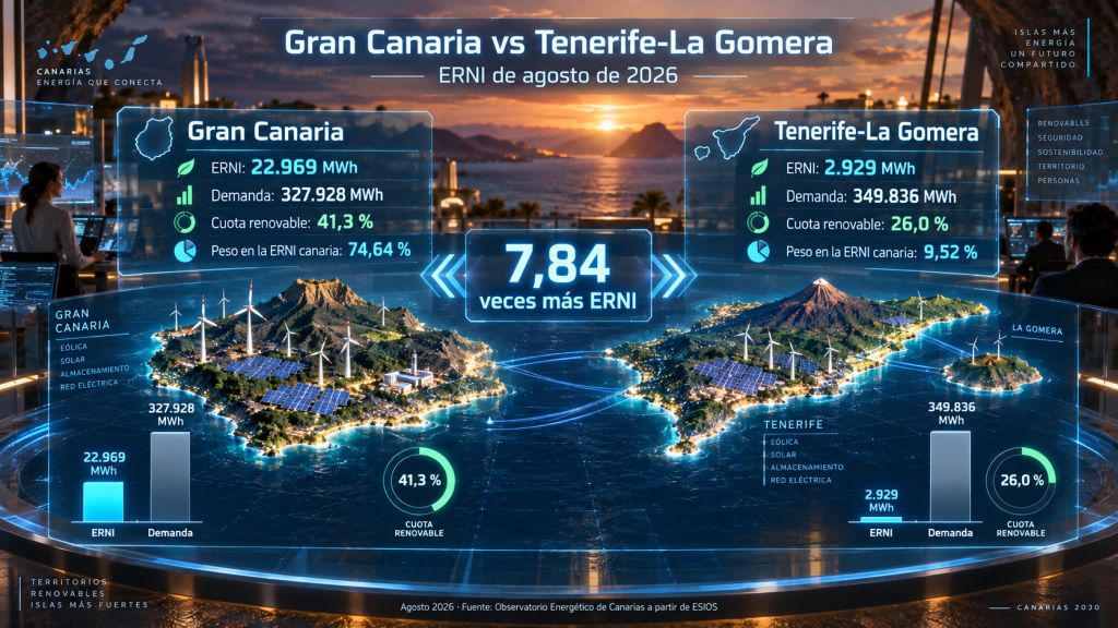 Comparación de la ERNI de agosto de 2026 entre Gran Canaria y Tenerife-La Gomera, con demanda, cuota renovable y vertidos.