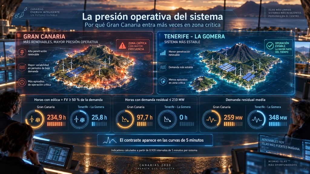 Comparación de la presión operativa en Gran Canaria y Tenerife-La Gomera mediante horas de alta penetración renovable y baja demanda residual.