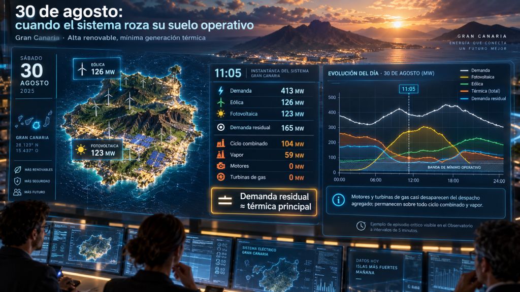 Situación del sistema eléctrico de Gran Canaria el 30 de agosto de 2026, con alta producción renovable y generación térmica cercana a su mínimo observado.