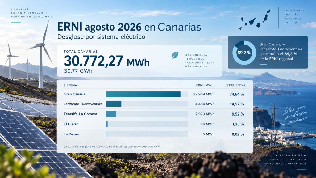 Desglose de la ERNI de agosto de 2026 en Canarias por sistemas eléctricos, con 30.772,27 MWh de energía renovable no integrable.