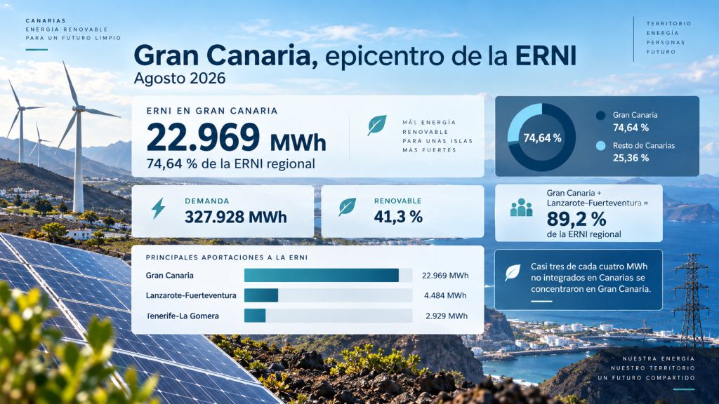 Gran Canaria concentra el 74,64 % de la ERNI de Canarias en agosto de 2026, con 22.969 MWh no integrados.