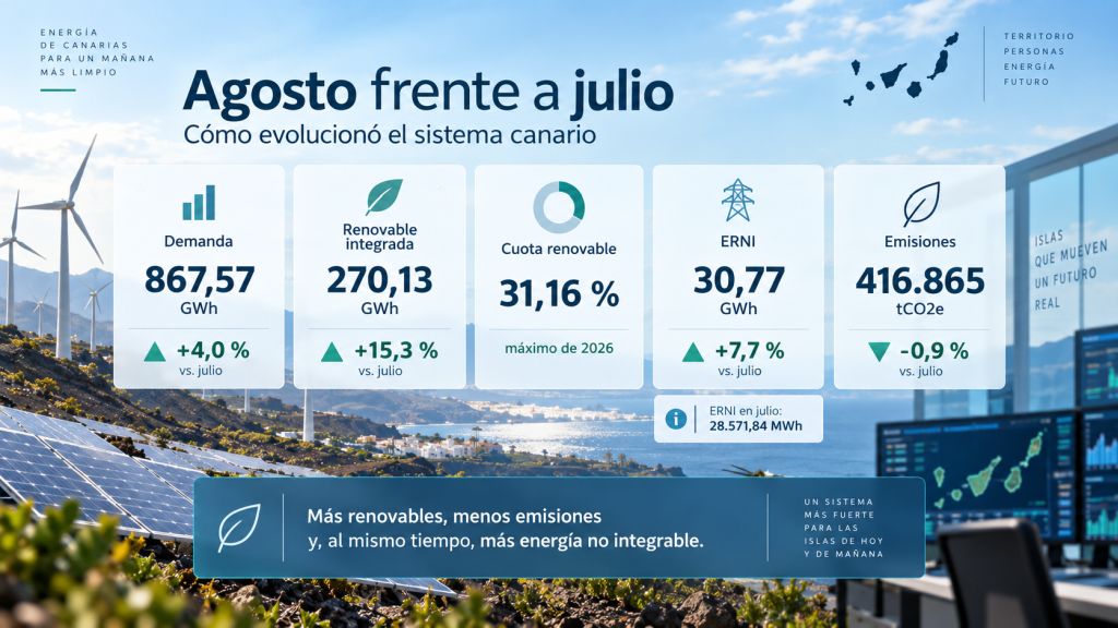 Comparación de agosto frente a julio de 2026 en Canarias con más demanda, más renovables, más ERNI y menos emisiones.