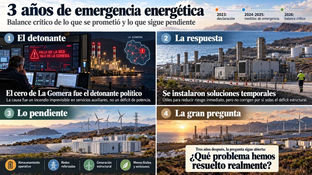 Infografía sobre tres años de emergencia energética en Canarias, desde el cero de La Gomera hasta las soluciones temporales y los retos pendientes.