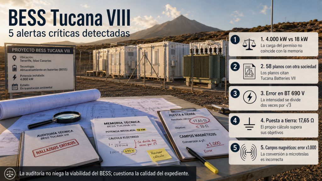 Auditoría del BESS Tucana VIII con cinco alertas críticas sobre potencia de carga, planos, cableado de baja tensión, puesta a tierra y campos magnéticos.