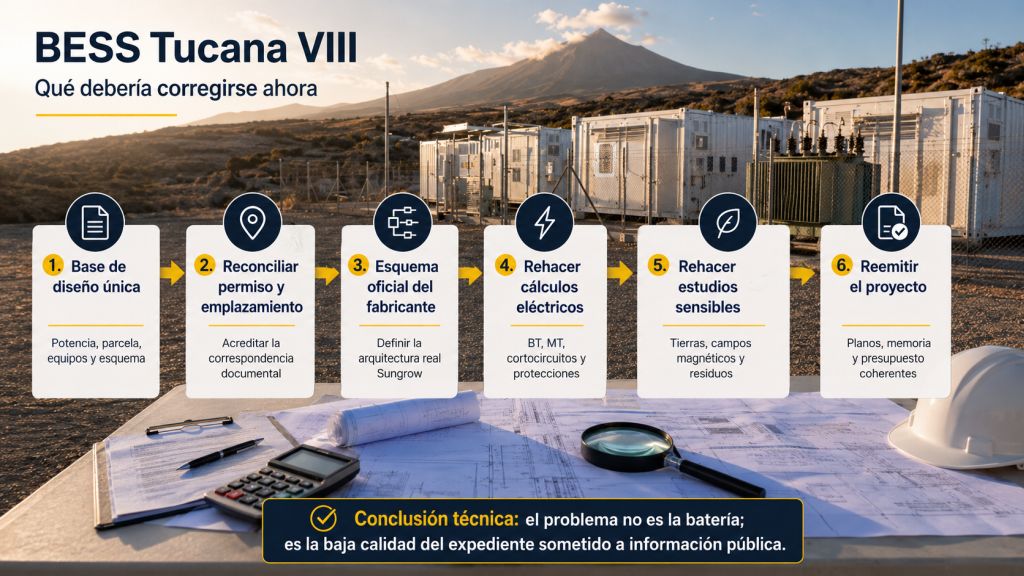 Hoja de ruta técnica para corregir el proyecto BESS Tucana VIII, desde una base de diseño única hasta la revisión completa de cálculos, estudios y planos.