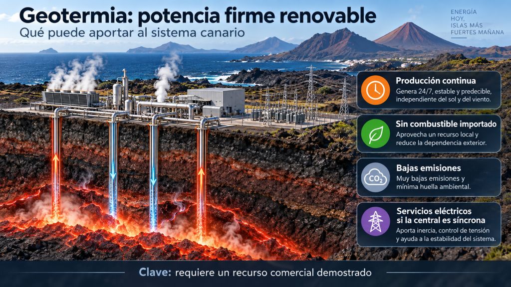 Infografía sobre el papel de la geotermia en Canarias como fuente de producción continua, baja en emisiones y sin combustible importado.