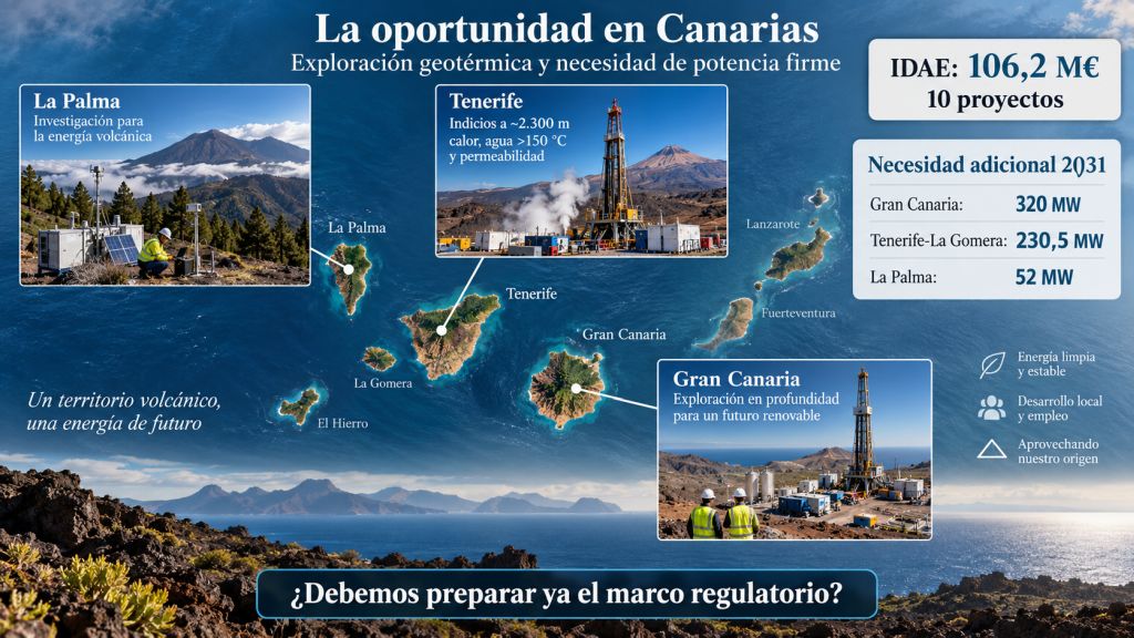 Mapa de Canarias con los proyectos geotérmicos de Tenerife, Gran Canaria y La Palma y las necesidades de potencia firme previstas para 2031.