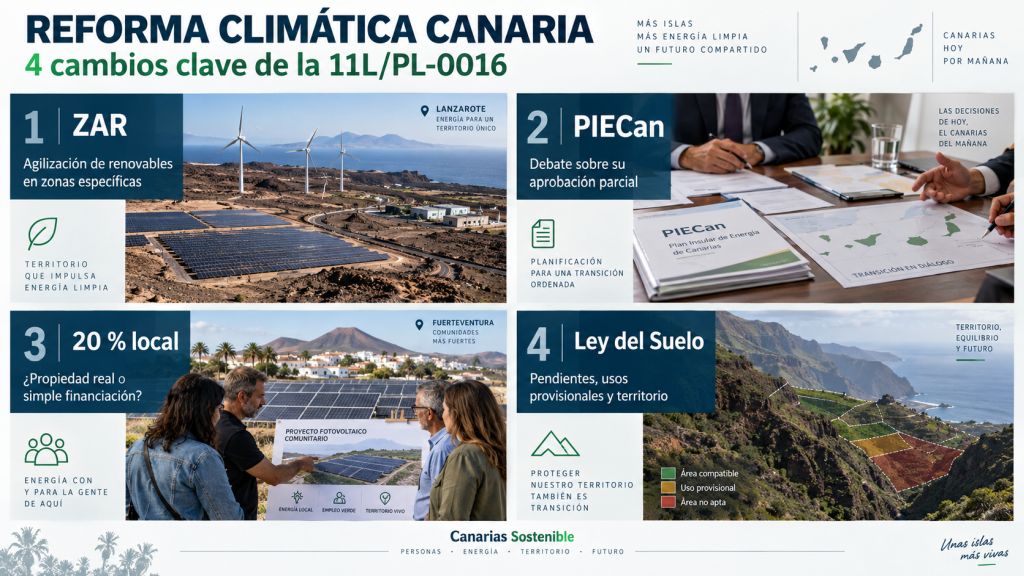 Infografía sobre la reforma climática canaria con cuatro cambios clave: ZAR, PIECan, participación local del 20 % y modificaciones de la Ley del Suelo.