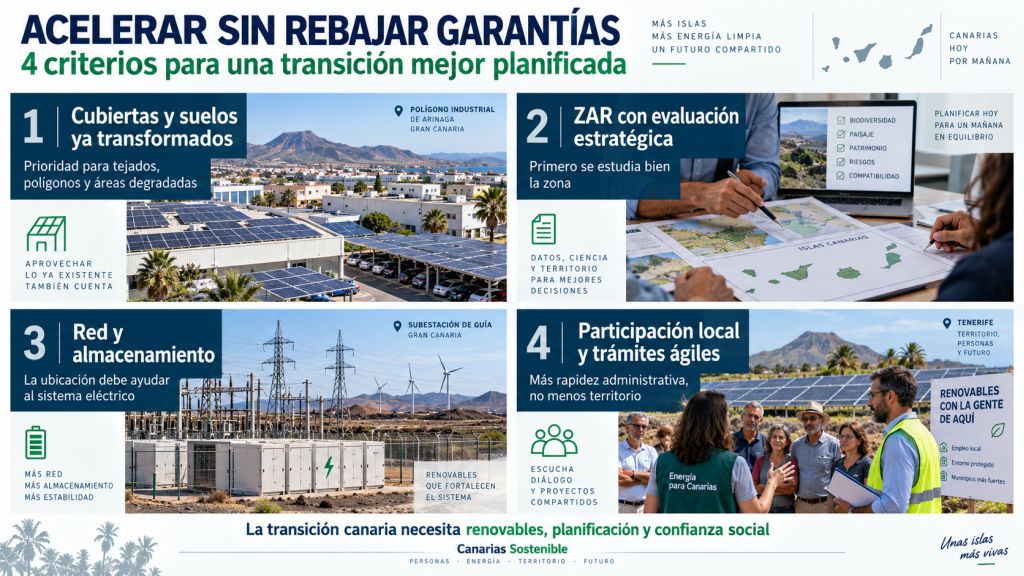 Infografía con cuatro criterios para acelerar la transición energética en Canarias sin rebajar garantías: cubiertas, evaluación estratégica, red y almacenamiento, y participación local.