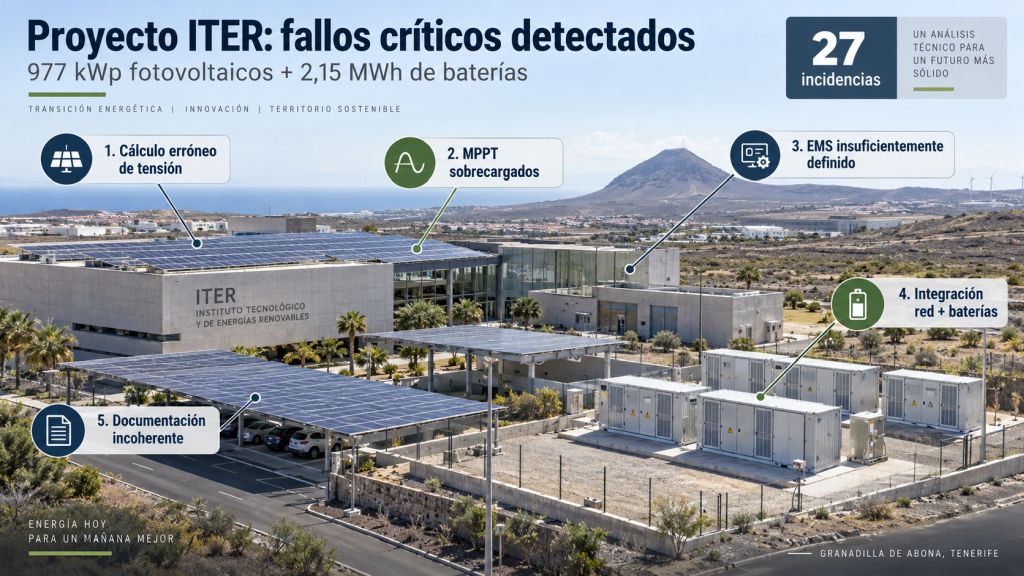 Vista del complejo ITER con paneles solares y baterías, señalando cinco áreas críticas del proyecto: cálculo de tensión, MPPT, EMS, integración de baterías y coherencia documental.