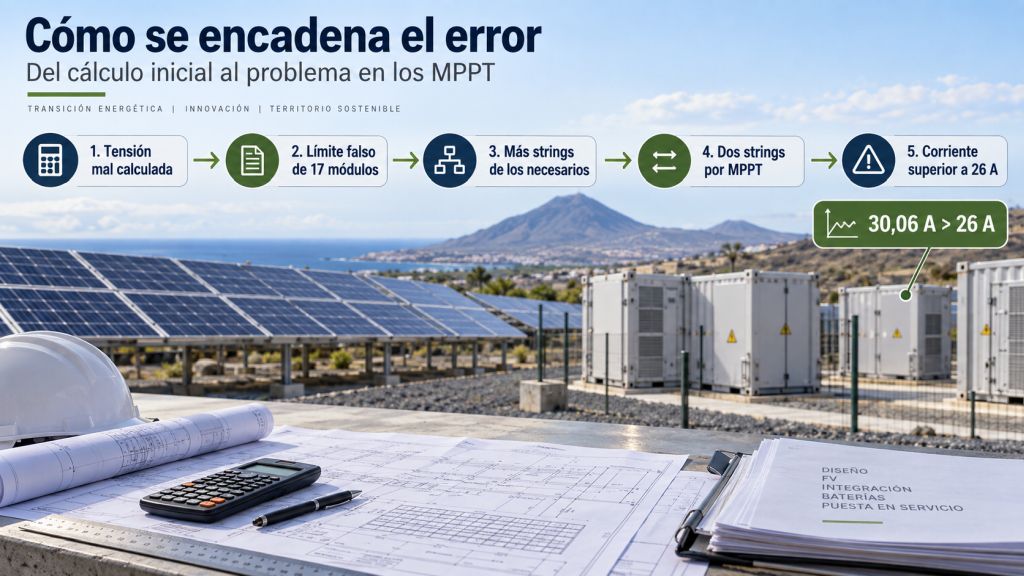 Esquema visual sobre una instalación fotovoltaica que muestra cómo un error de cálculo de tensión puede llevar a limitar los strings, multiplicarlos y superar la corriente admisible de los MPPT.