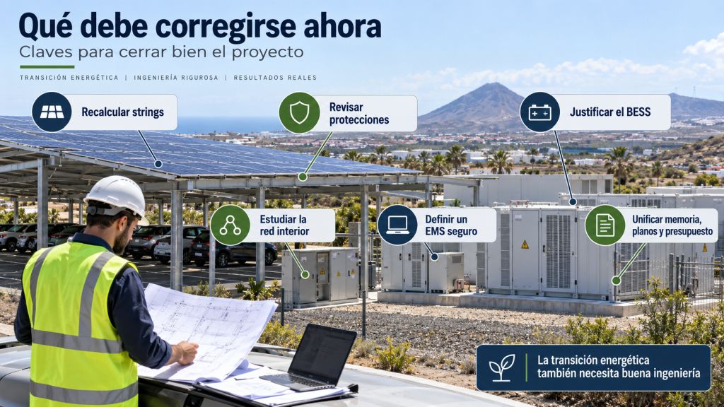 Ingeniero revisando una instalación solar con baterías mientras se destacan las principales correcciones necesarias: strings, protecciones, red interior, BESS, EMS y documentación técnica.