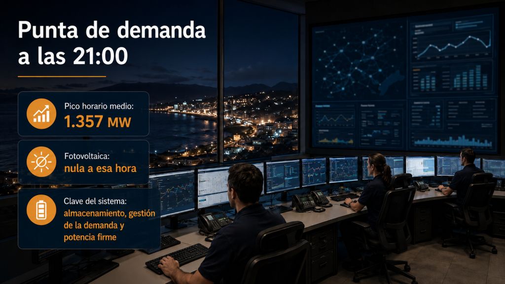 Punta de demanda a las 21:00: Centro de control eléctrico durante la punta nocturna de demanda en Canarias, con 1.357 MW y ausencia de generación fotovoltaica.