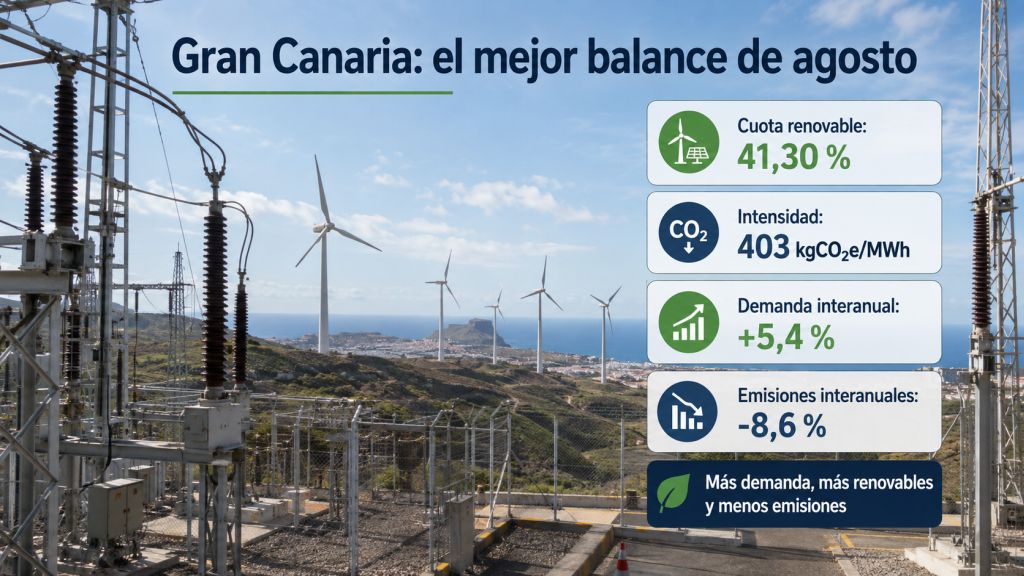 Gran Canaria alcanza en agosto de 2026 un 41,30 % de generación renovable mientras reduce un 8,6 % sus emisiones interanuales.