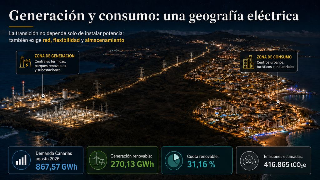 Infografía sobre la geografía eléctrica de Canarias, mostrando generación, red de transporte, centros de consumo y datos energéticos de agosto de 2026.