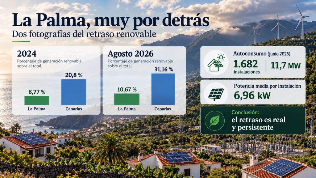 Comparativa de la generación renovable de La Palma y Canarias en 2024 y agosto de 2026, junto a los datos de autoconsumo de la isla.