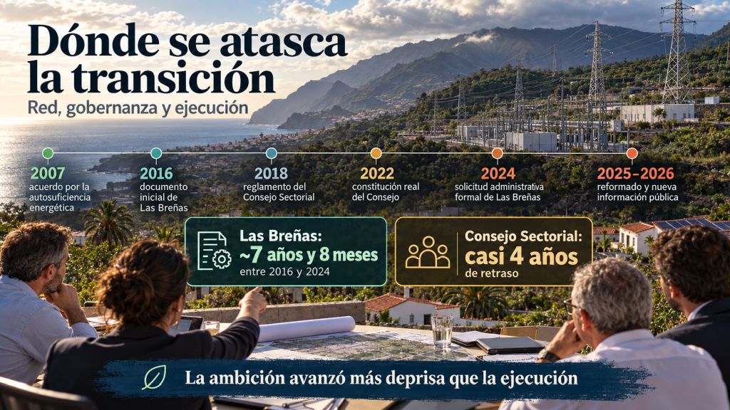 Cronología de los principales retrasos de la transición energética de La Palma, con Las Breñas, el Consejo Sectorial y la ejecución de infraestructuras.