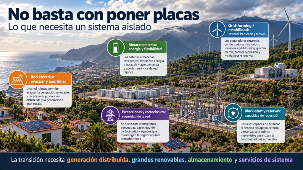 Elementos necesarios para un sistema eléctrico aislado renovable: red, almacenamiento, grid-forming, protecciones, reservas y capacidad de reposición.