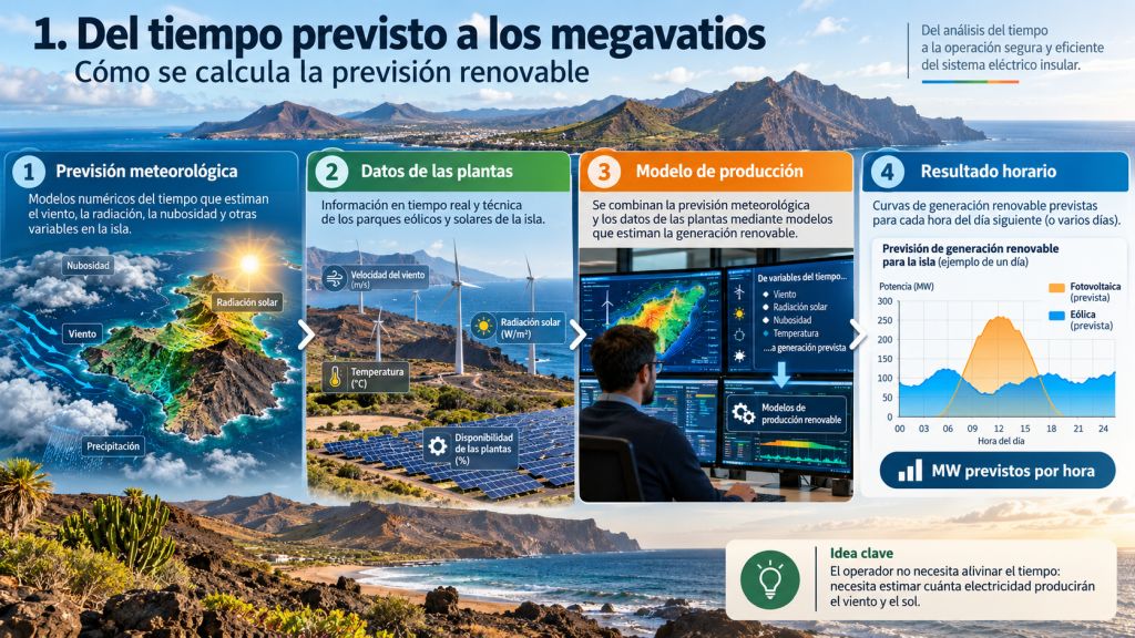 Proceso de previsión renovable que transforma datos meteorológicos de viento y radiación solar en megavatios previstos para una isla.