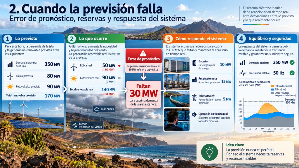 Ejemplo de error de previsión renovable en un sistema insular y respuesta mediante baterías, reserva e interconexión.