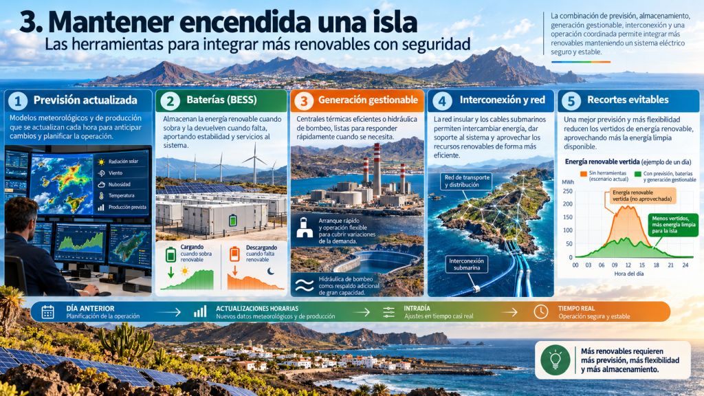 Herramientas para mantener estable una isla con alta penetración renovable: previsión, baterías, generación gestionable e interconexiones.