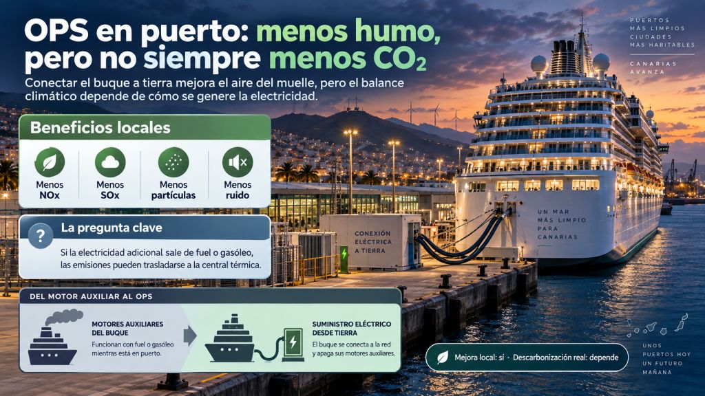 OPS en puerto con crucero conectado a tierra y comparación entre beneficios locales, como menos NOx, SOx, partículas y ruido, y el impacto climático según el origen de la electricidad.