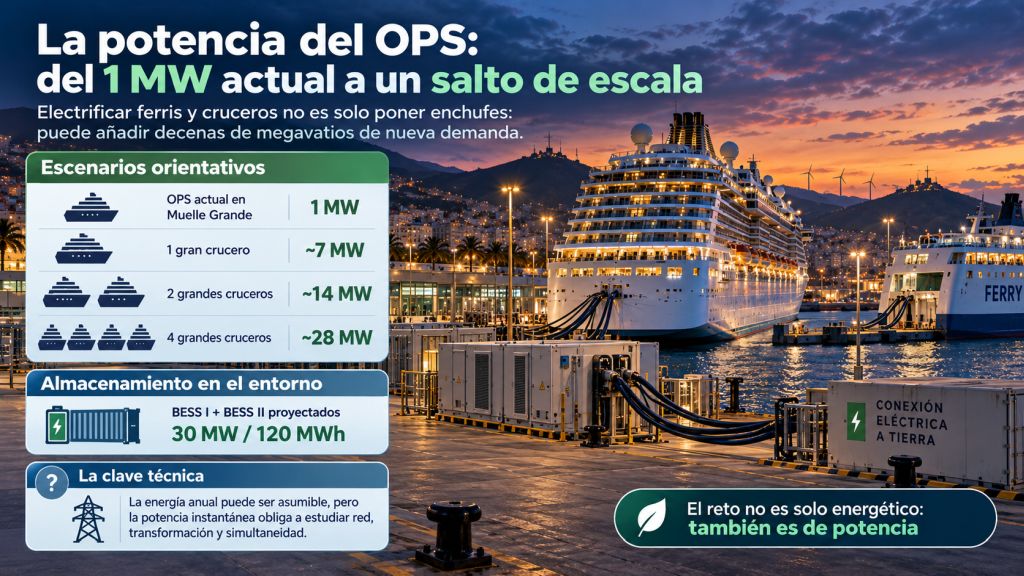Escenarios de potencia de la electrificación portuaria en Muelle Grande, desde 1 MW actual hasta unos 28 MW con cuatro grandes cruceros, junto a 30 MW y 120 MWh de almacenamiento BESS.