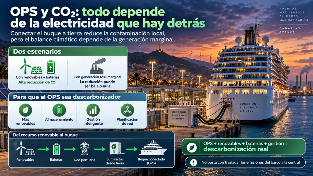 Esquema de descarbonización del OPS mediante renovables, baterías, red portuaria y gestión inteligente para evitar trasladar las emisiones de los barcos a las centrales térmicas.