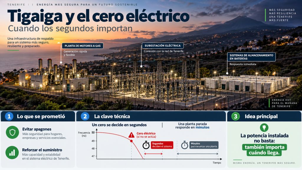 Infografía sobre Tigaiga y el cero eléctrico, comparando el tiempo de respuesta de una planta de motores con los segundos decisivos de una caída de frecuencia.
