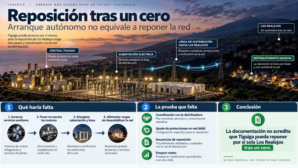 Infografía sobre la reposición eléctrica tras un cero en Los Realejos, con Tigaiga, la subestación, la red de distribución y las condiciones necesarias para recuperar el suministro.