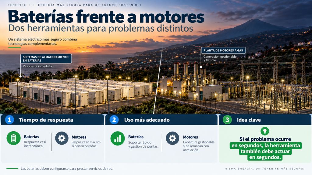 Infografía comparativa entre baterías y motores en Tenerife, mostrando la respuesta casi instantánea del almacenamiento frente al arranque en minutos de una planta térmica.